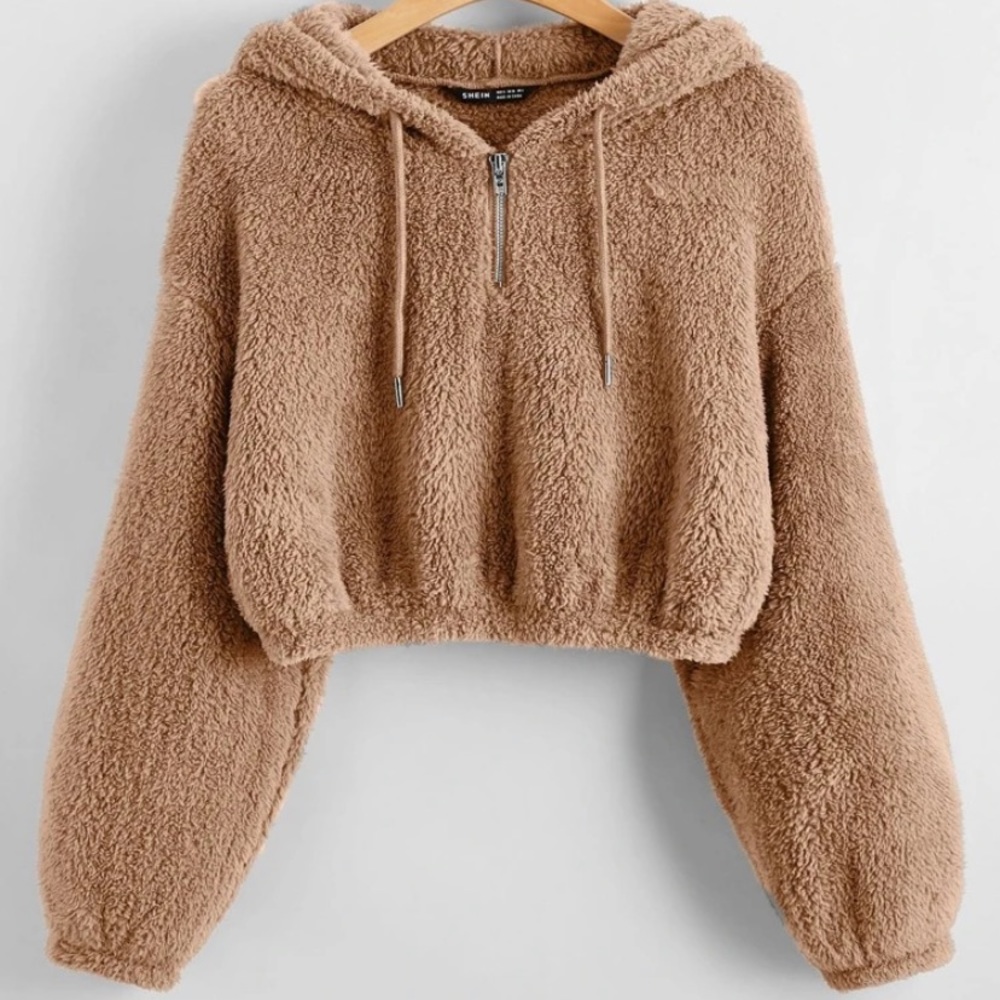 SHEIN Drop Shoulder Drawstring Crop Teddy Hoodie (NO REFUND/ EXCHANGE)